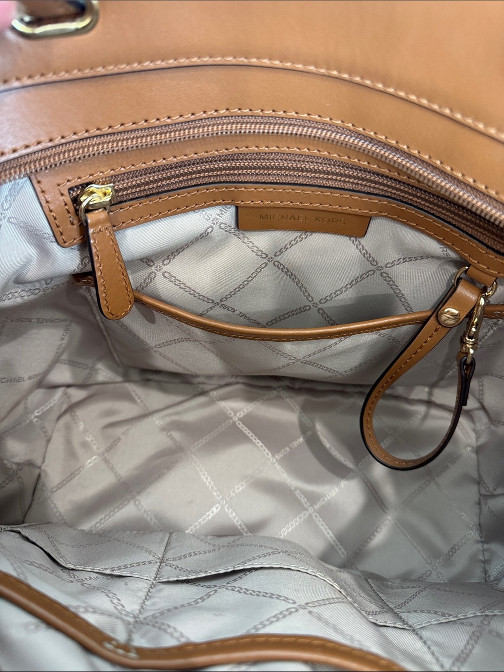 Michael Kors Leather Shoulder Bag Purse Monogram Cream & Cognac Classic Style - Picture 14 of 16